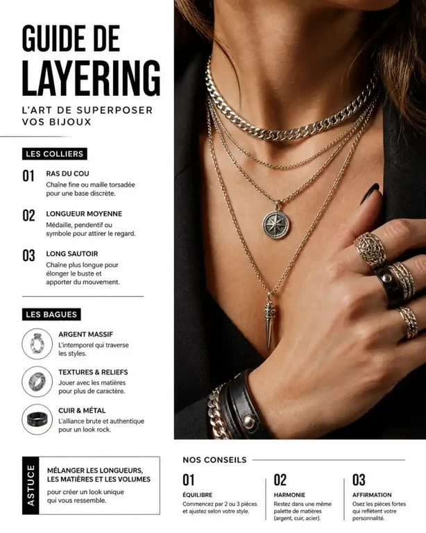 Exemple de layering de bijoux rock femme avec chaînes et bagues