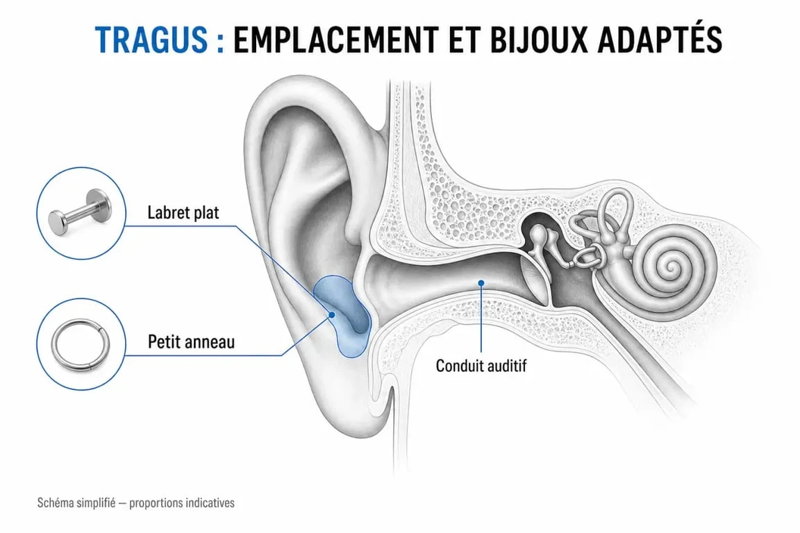 Boucles d oreilles tragus : schéma de l’emplacement du tragus et des bijoux adaptés