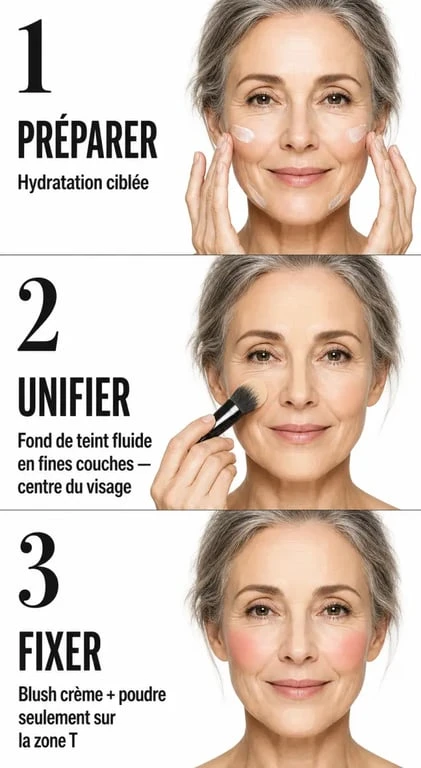 Maquillage pour peau mature : routine en trois étapes avec préparation hydratante, fond de teint fluide et blush crème