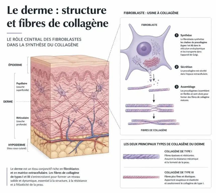 Schéma explicatif du rôle du collagène pour la peau et des fibroblastes