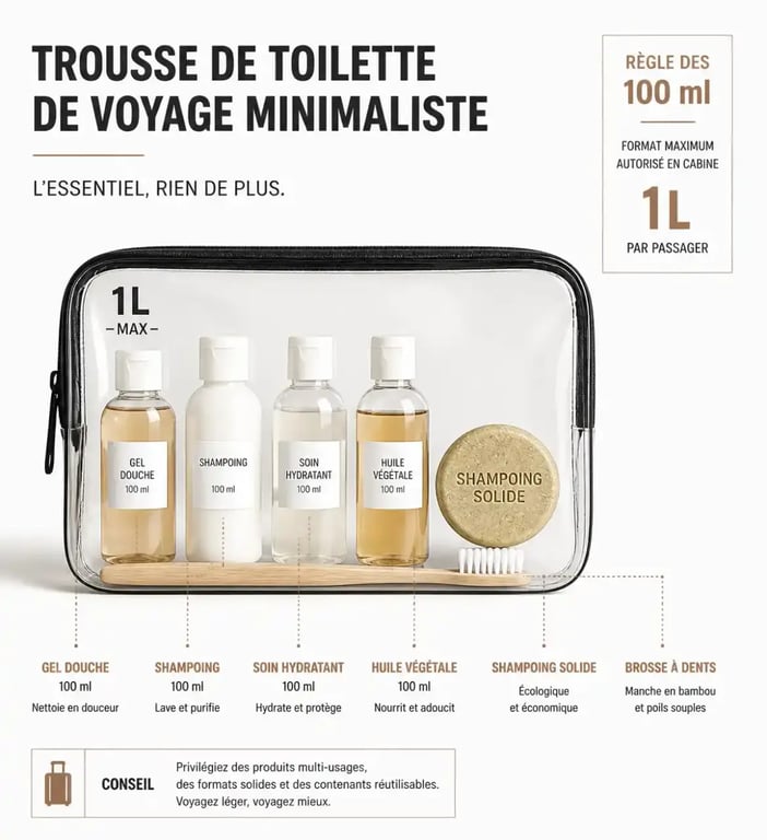Organisation d'une valise beauté pour un week-end prolongé avec flacons de voyage et cosmétiques solides
