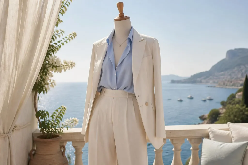 French Riviera chic : lin, tons clairs et coupe nette pour une élégance sans effort