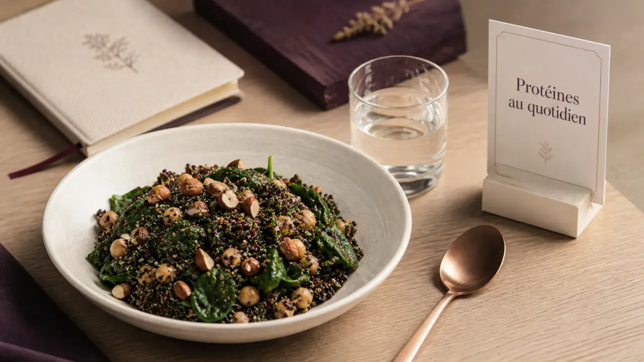 Pourquoi manger des proteines : assiette quinoa pois chiches épinards, protéines pour les muscles