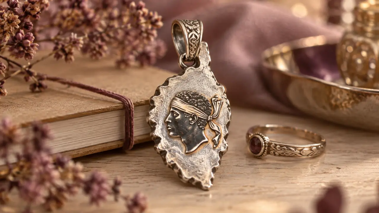 Bijoux corse femme : pendentif argent 925 tête de Maure, gros plan