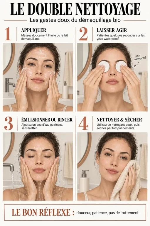 Démaquillage bio : étapes du double nettoyage et gestes doux sans frottement