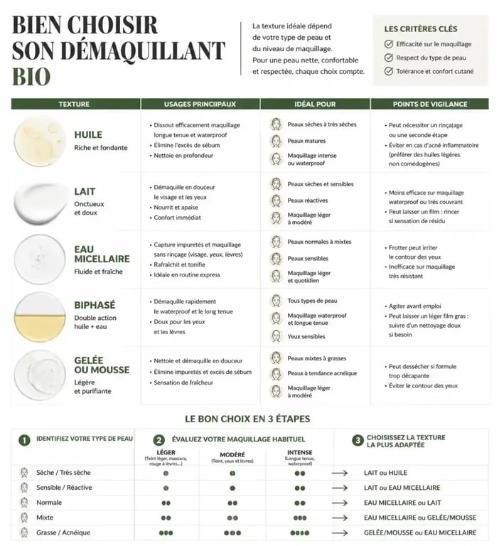 Démaquillage bio : textures et usages selon le maquillage et le type de peau
