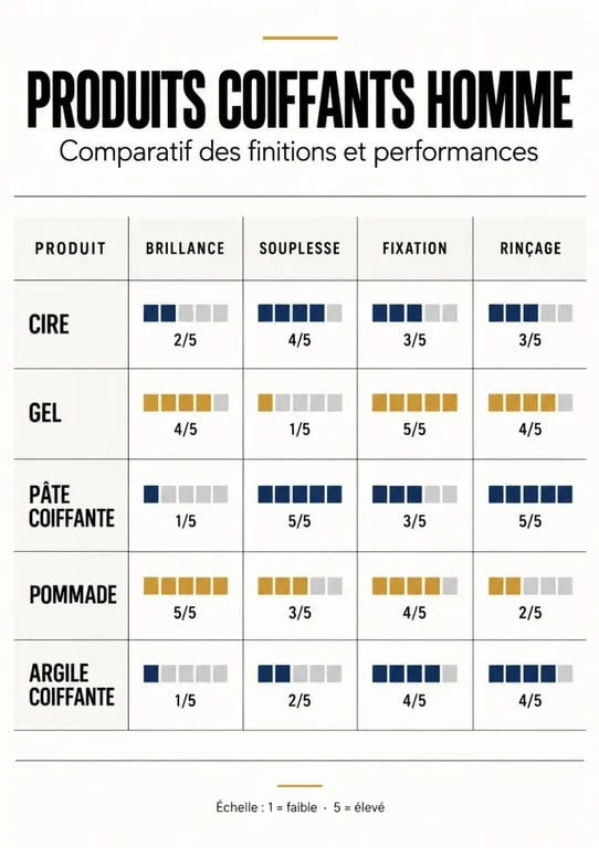 Comparatif de cire pour homme cheveux avec gel, pâte, pommade et argile coiffante