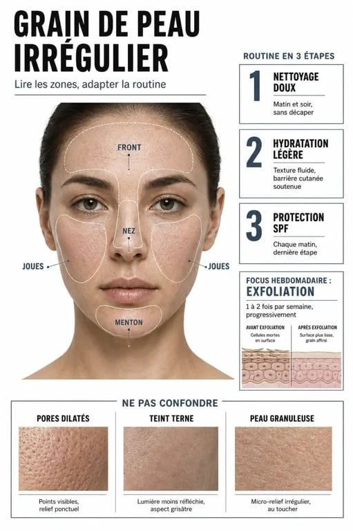 Lisse la peau : illustration éditoriale d’une routine visage en 3 étapes et des zones de grain de peau irrégulier