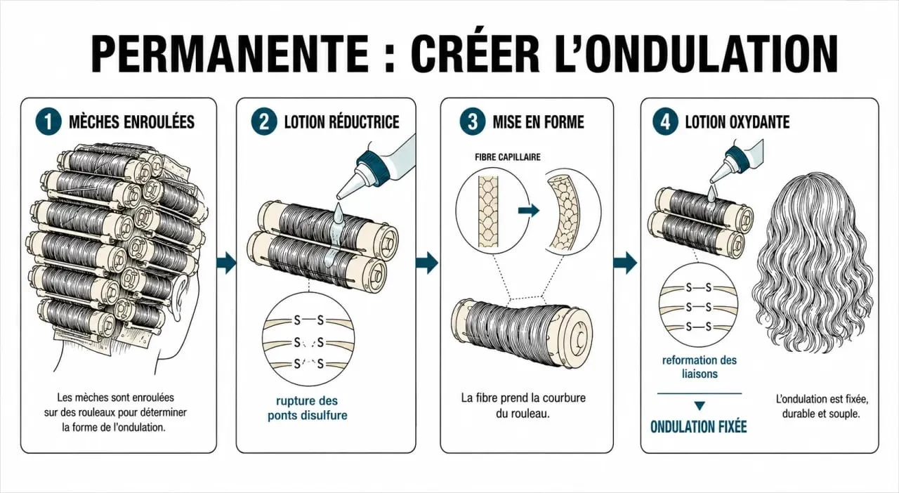 Permanente pour onduler les cheveux : schéma du processus de transformation et de fixation