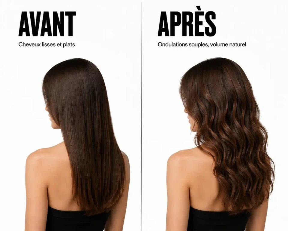 Permanente pour onduler les cheveux : avant et après avec ondulations souples et volume naturel