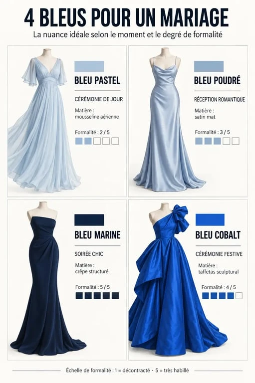 Robe pour mariage bleu : nuances pastel, poudré, marine et cobalt selon le niveau de formalité