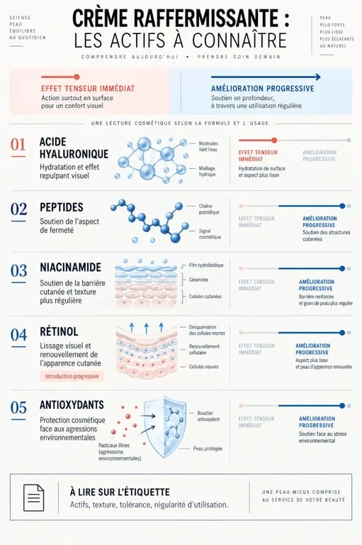 Infographie sur les actifs d’une crème raffermissante pour le visage et leurs effets cosmétiques