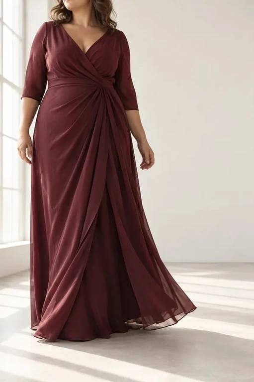 Robe grande taille pour mariage coupe portefeuille bordeaux
