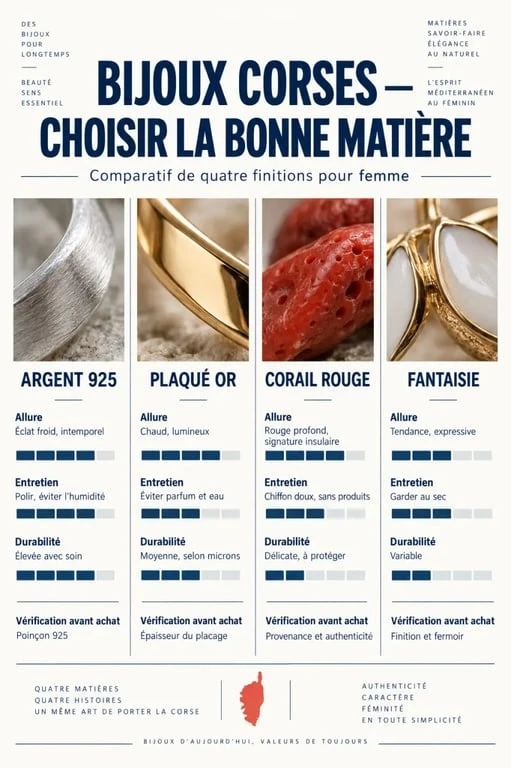Comparaison des matériaux pour choisir des bijoux corses pour femme