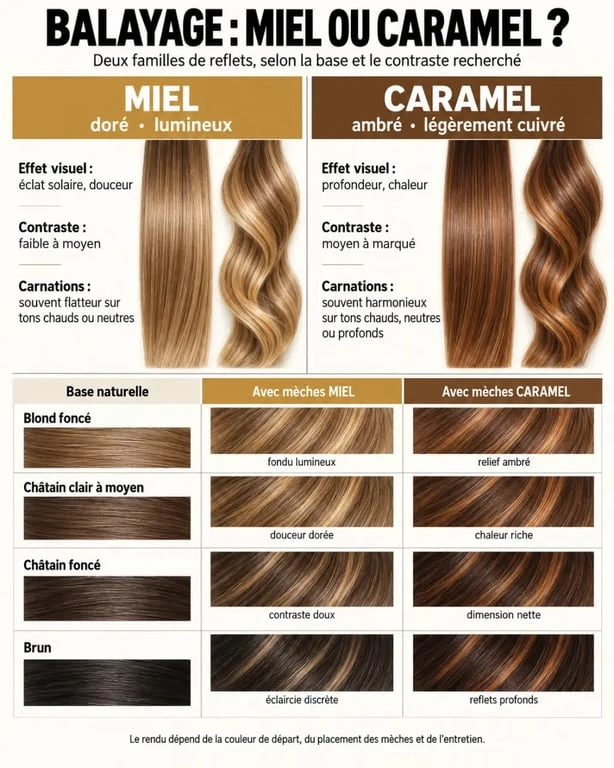 Infographie comparative du balayage caramel ou miel selon la base capillaire