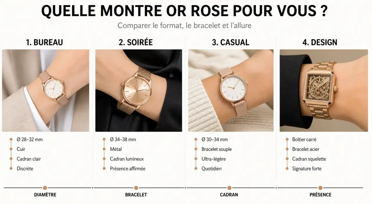 Infographie pour choisir des montres femme or rose selon l’usage, le bracelet et le style