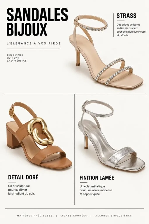 Sandales femme bijoux avec strass, détail métallique doré et finition lamée