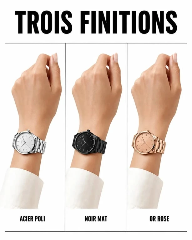 Montres bracelet acier femme comparées au poignet avec finitions argentée, noire et or rose