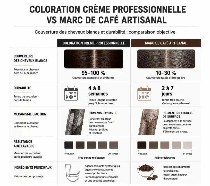 Comparaison entre coloration café professionnelle et marc de café
