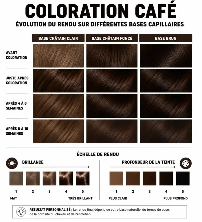 Rendu de la coloration café sur différentes bases de cheveux