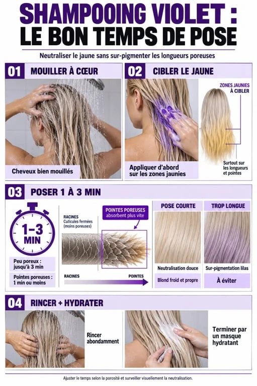 Étapes d’utilisation du shampooing violet avec temps de pose et soin hydratant