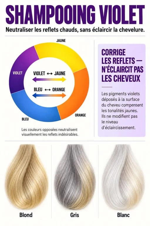 Infographie expliquant comment le shampooing violet neutralise les reflets jaunes