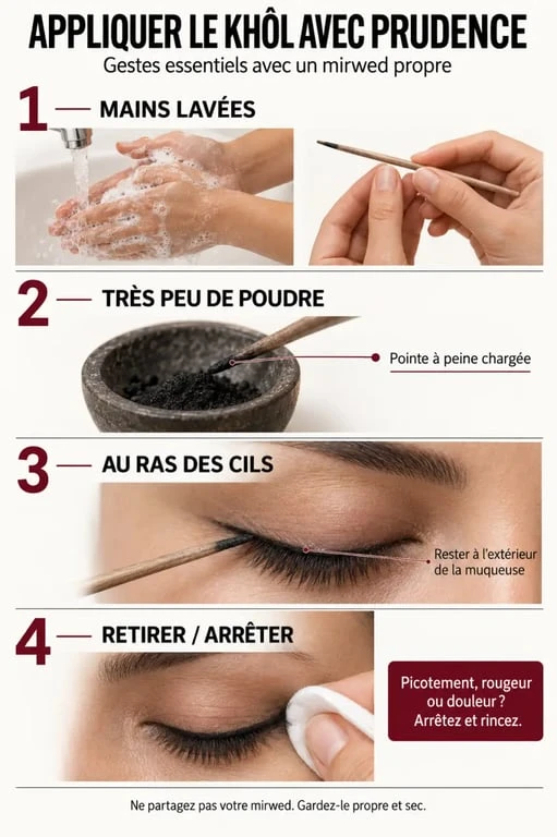 Étapes d’application du khol pour les yeux avec un mirwed propre