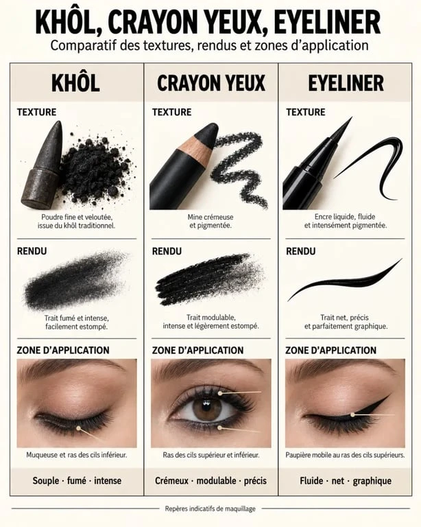 Infographie comparative sur le khol pour les yeux, le crayon et l’eyeliner