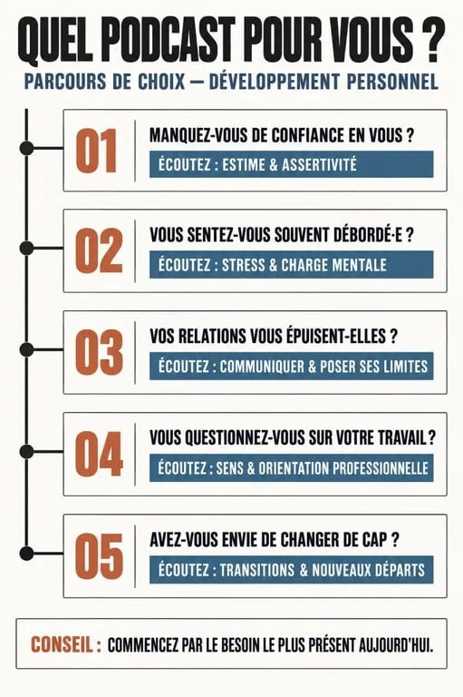 Infographie pour choisir un podcast de développement personnel selon son besoin