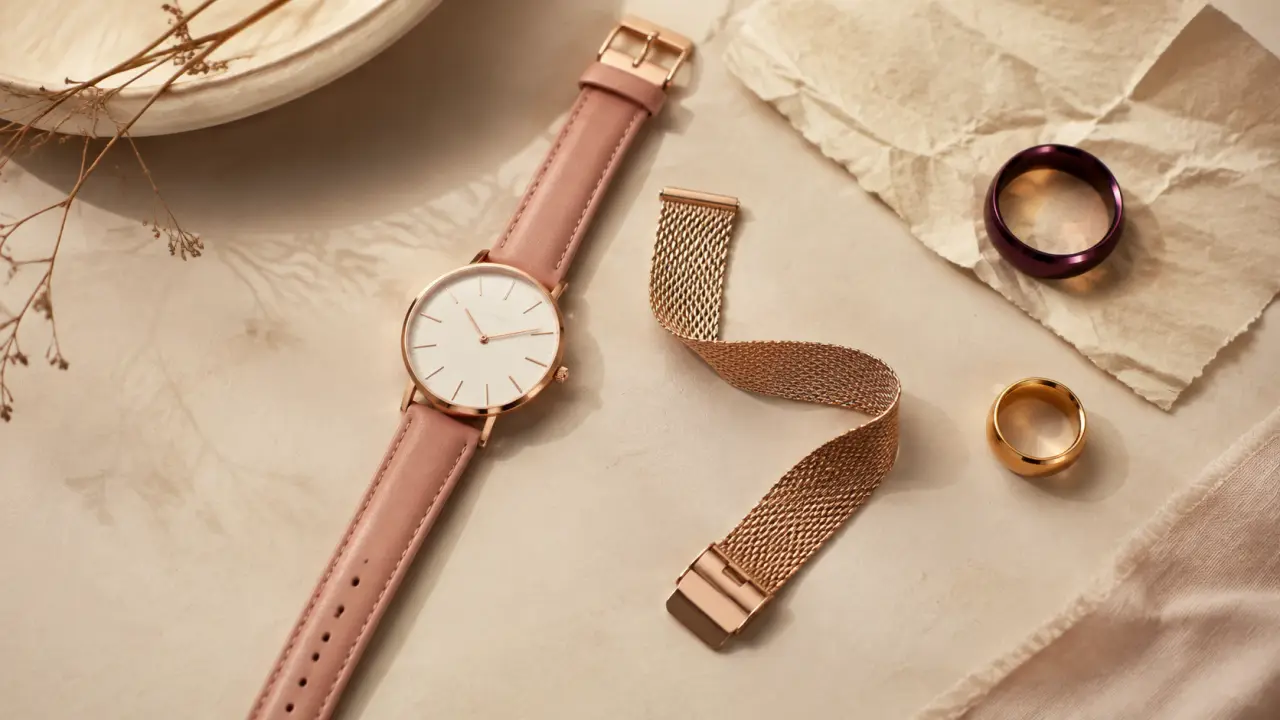 Montres femme or rose sur table ivoire, boîtier fin et cadran blanc
