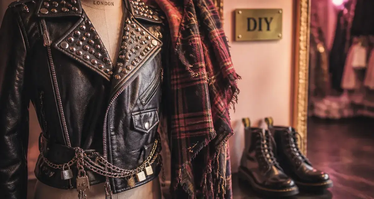 Punk style vestimentaire : perfecto clouté DIY et tartan déstructuré en boutique londonienne