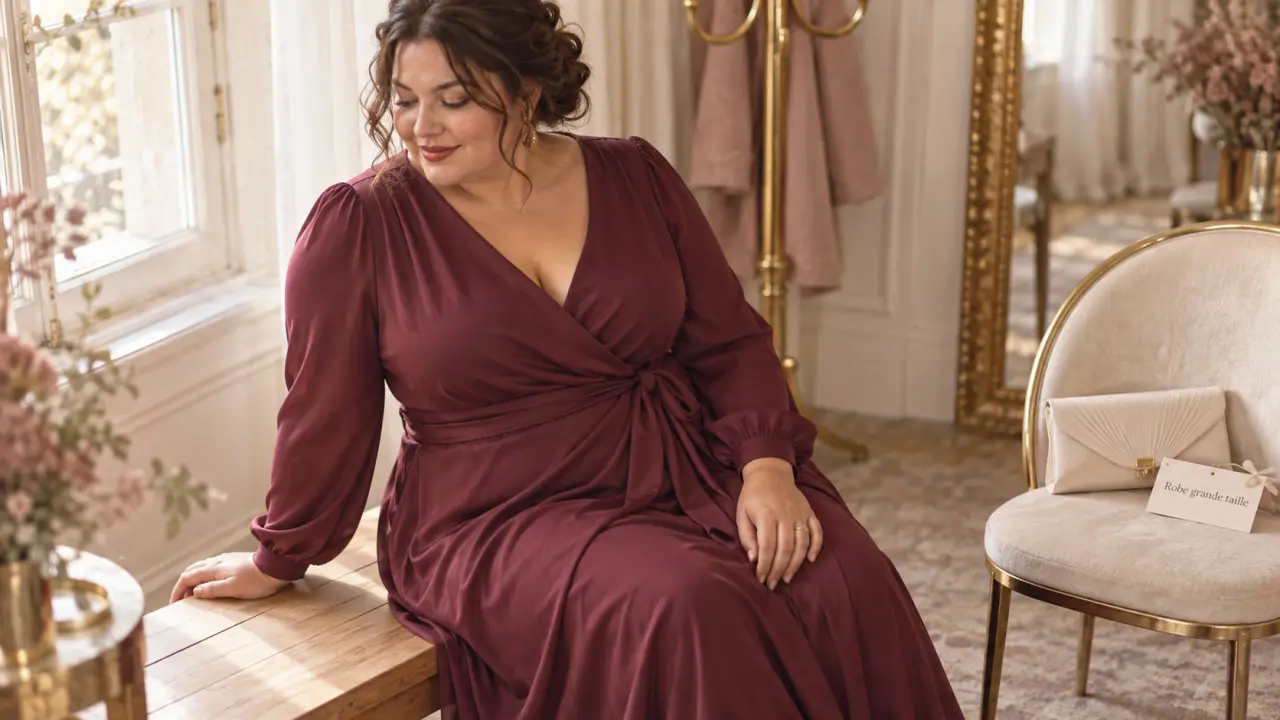Robe grande taille pour mariage, coupe portefeuille bordeaux élégante