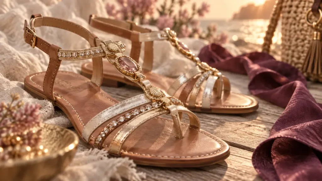 Sandales femme bijoux : doré, strass ou cuir souple selon chaque occasion