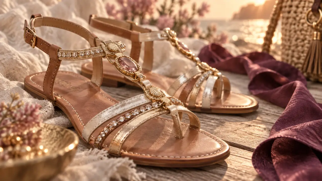 Sandales femme bijoux doré avec strass et cuir souple, détail des brides