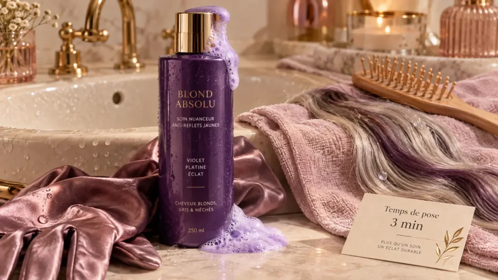 Shampooing violet : 2 à 3 minutes pour garder un blond froid sans assécher les longueurs