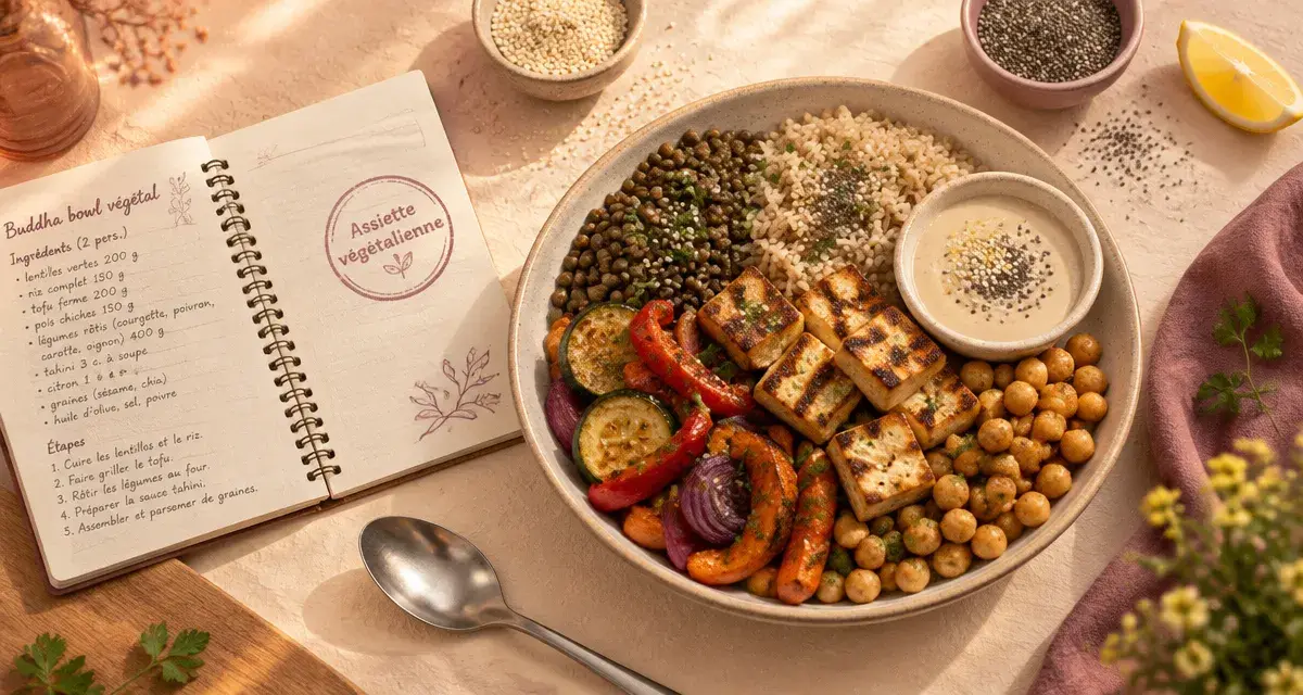 Assiette végétalienne équilibrée : lentilles, riz complet, tofu, pois chiches, légumes rôtis et tahini