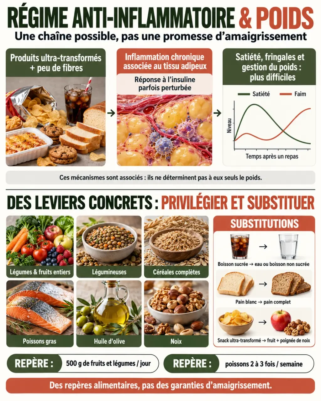 Infographie sur le régime anti-inflammatoire et la perte de poids, avec aliments à privilégier et mécanismes liés à la satiété