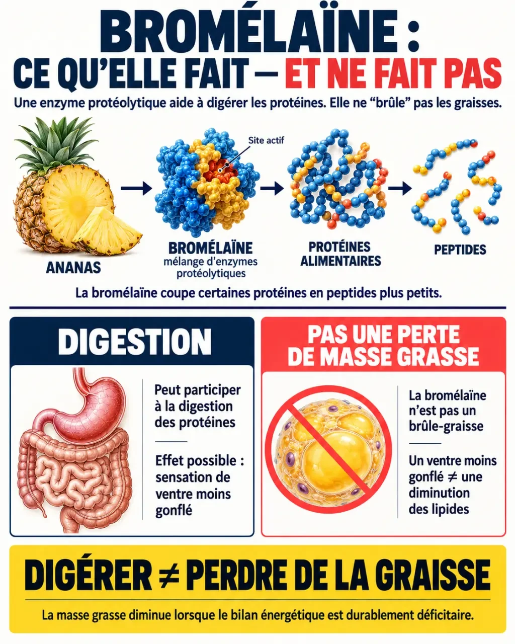 Infographie sur la bromélaïne perte de poids et la différence entre digestion des protéines et perte de masse grasse