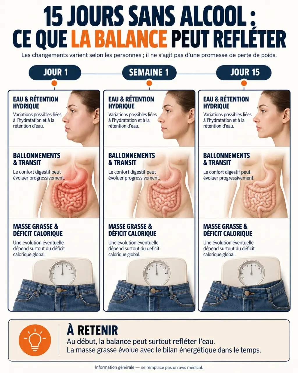 Infographie sur la perte de poids après 15 jours sans alcool : eau, ballonnements et masse grasse