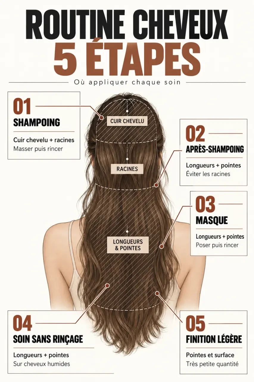 Routine de soins pour les cheveux avec zones d’application du shampoing, du masque et du soin sans rinçage