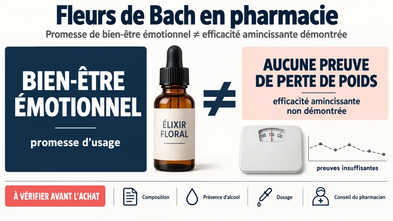 Fleurs de Bach perte de poids en pharmacie : distinction entre bien-être émotionnel et absence d’efficacité amincissante démontrée