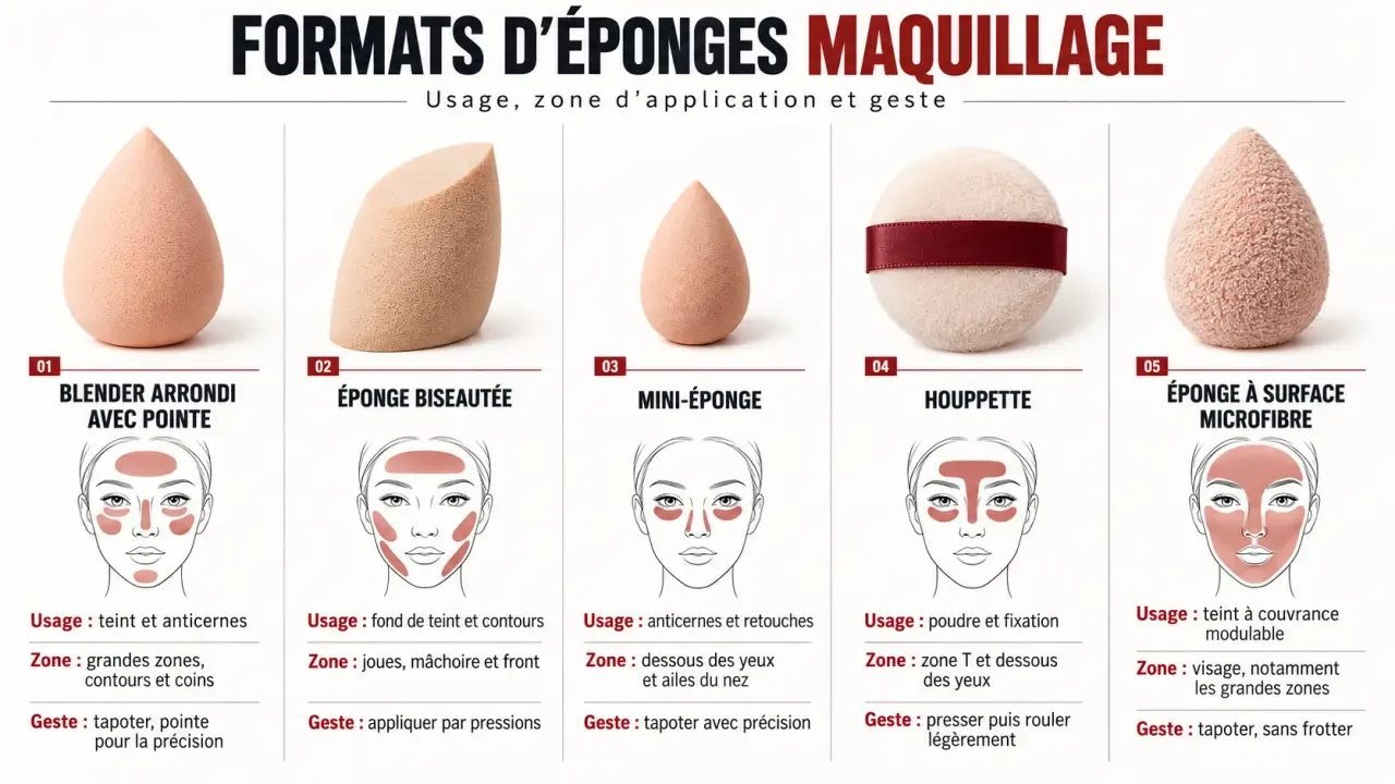 Infographie des différents types d’éponge pour maquillage et de leurs usages