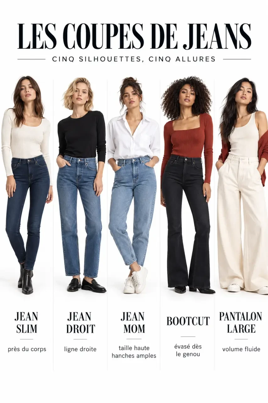 Halle vêtements femme : différentes coupes de jeans et de pantalons portées