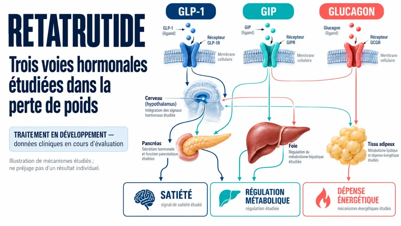 Infographie sur le retatrutide et la reta perte de poids : mécanisme d’action sur GLP-1, GIP et glucagon